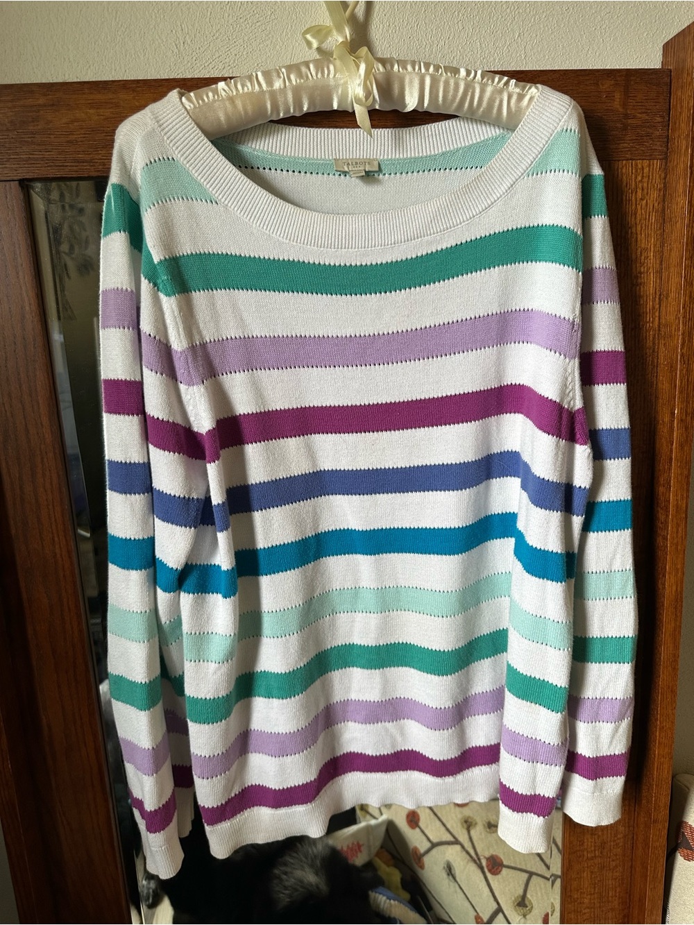 Talbots White Stripe Scoop-Neck Sweater with Teal, Aqua, Purple & Blue